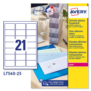 POLIESTERE ADESIVO L7560 TRASPARENTE 25FG A4 63,5X38,1MM (21ET/FG LASER AVERY COD. L7560-25