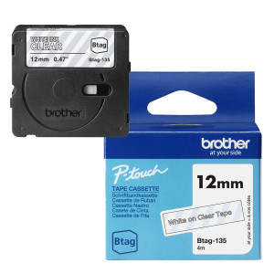 BROTHER NASTRO BTAG135  DA 12MM BIANCO SU TRASPARENTE - LUNGHEZZA 4 M COD. BTAG135