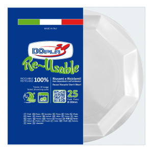 25 PIATTI FONDI D220MM IN PS REUSE BIANCO DOPLA COD. 12508