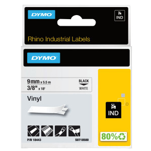 NASTRO VINILE 9MM X 5.5MT NERO SU BIANCO 18443 RHINO COD. 18443