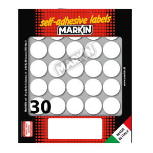 ETICHETTA ADESIVA BIANCA TONDA D22MM (10FOGLI X 30ETICHETTE MARKIN COD. X10007