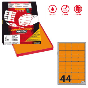ETICHETTA ADESIVA A/406 ARANCIO FLUO 100FG A4 47,5X25,5MM (44ET/FG MARKIN COD. X210A406F-AR
