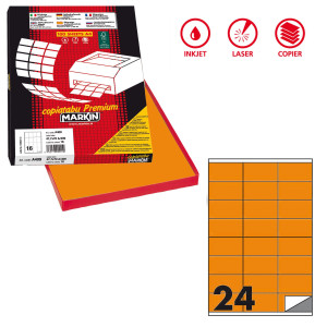 ETICHETTA ADESIVA C/500 ARANCIO FLUO 100FG A4 70X36MM (24ET/FG MARKIN COD. X210C500F-AR