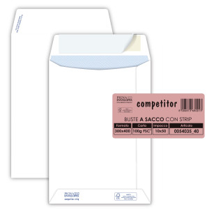 50 BUSTE SACCO COMPETITOR FSCÂ® BIANCA STRIP ADESIVO 300X400MM 80GR PIGNA ENVELOP COD. 005403540