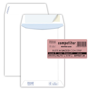 100 BUSTE SACCO COMPETITOR FSCÂ® BIANCA STRIP ADESIVO 250X353MM 80GR PIGNA ENVELO COD. 0099069B4