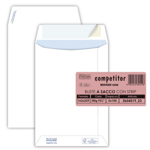 100 BUSTE SACCO COMPETITOR FSCÂ® BIANCA STRIP ADESIVO 160X230MM 80GR PIGNA ENVELO COD. 065451923