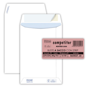 100 BUSTE SACCO COMPETITOR FSCÂ® BIANCA STRIP ADESIVO 230X330MM 80GR PIGNA ENVELO COD. 065453733