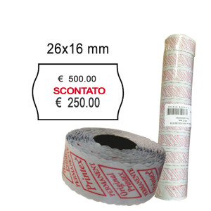 PACK 10 ROTOLI 1000 ETICH. 26X16MM ONDA ''SCONTATO'' BIANCO PERM. PRINTEX COD. 2616SBP10ST
