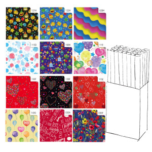 ESPOSITORE 50 ROTOLI CARTA REGALO IN FANTASIE ASSORTITE 2MT X 70CM REX SADOCH COD. GR3J1GEN