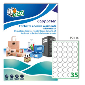 POLIESTERE ADESIVO PC4 TRASPARENTE 100FG A4 D36MM (35ET/FG) LASER TICO COD. PC4-36