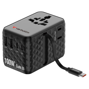 ADATTATORE DA VIAGGIO UNIVERSALE GAN III CON CAVO USB-C RETRATTILE - NERO_VERBAT COD. 30191