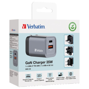 ADATTATORE DA VIAGGIO GNC-35- 1X USB-C PD 35W, 1X USB-A QC 3.0-35W-VERBATIM COD. 32200