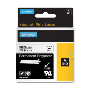 NASTRO POLIESTERE PERMANENTE 12MM X 5.5MT NERO SU BIANCO 18483 RHINO COD. 18483