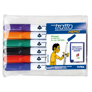 BUSTA 6 PENNARELLI TRATTO MEMO PUNTA TONDA A SECCO PER LAVAGNA COLORI ASSORTITI COD. 854200