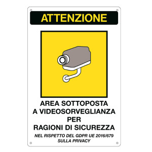 CARTELLO ALLUMINIO 20X30CM 'AREA SOTTOPOSTA A VIDEOSORVEGLIANZA' RIF.GDPR COD. 33378