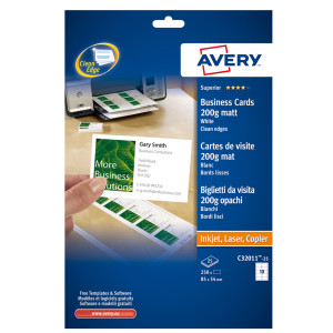 250 BIGLIETTI VISITA 85X54MM BIANCO LASER 200GR QUICKCLEAN AVERY COD. C32011-25
