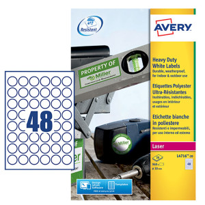 POLIESTERE ADESIVO L4716 BIANCO 20FG A4 D 30MM (48ET/FG) LASER AVERY COD. L4716-20