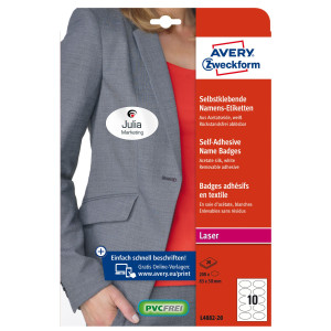 ETICHETTE BADGE PER TESSUTI OVALE 85X50MM (10ET/FG) 20FG - LASER AVERY COD. L4882-20
