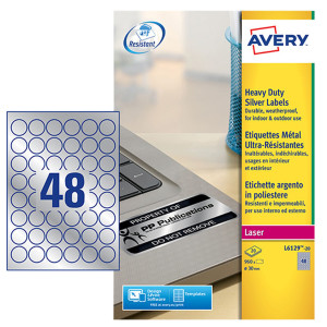 POLIESTERE ADESIVO L6129 ARGENTO 20FG A4 D 30MM(48ET/FG) LASER AVERY COD. L6129-20