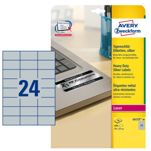 POLIESTERE ADESIVO L6133 ARGENTO 20FG A4 70X37MM (24ET/FG) LASER AVERY COD. L6133-20