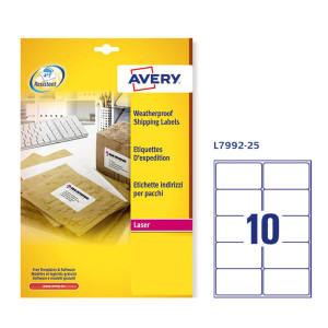 POLIESTERE ADESIVO L7992 BIANCO IMPERM 25FG A4 99,1X57MM (10ET/FG) LASER AVERY COD. L7992-25