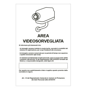 CARTELLO ALLUMINIO 20X30CM 'AREA VIDEOSORVEGLIANZA CON REGISTRAZION' RIF.GDPR' COD. 33328