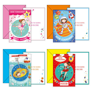 BIGLIETTO BUON COMPLEANNO C/RUOTA NUMERATA TEMA BAMBINI 4 SOGGETTI ASS. KARTOS COD. 07560402 CONFEZIONE DA 12