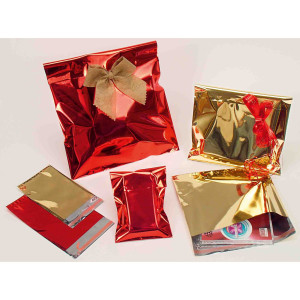 50 BUSTE REGALO IN PPL METAL LUCIDO 16X21+4CM ORO CON PATELLA ADESIVA COD. U-814ARRYP7AD