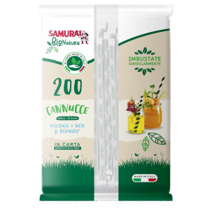 CONF. 200 CANNUCCE IN CARTA IMB. SING. 24CM NERE E NERE-BIANCHE SAMURAI PARTY COD. 3637SM