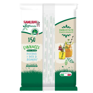 CONF. 150 CANNUCCE IN CARTA IMB. SING. 20CM BIANCO E BIANCO-AVANA SAMURAI PARTY COD. 3639SM