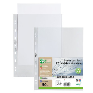 CONF 50 BUSTE FORATE IN PP RICICLATO BUCCIA MEDIUM 21X29,7CM GEA 100 SEI ROTA COD. 702112