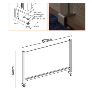 SCHERMO PROTETTIVO DA SCRIVANIA H60XL102CM CON MORSETTO ALLUMINIO SILVER COD. PTA3-105