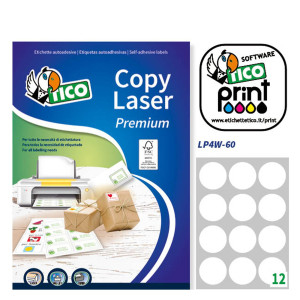 ETICHETTA ADESIVA LP4W BIANCA 100FG A4 TONDA D60MM (12ET/FG) LASER TICO COD. LP4W-60