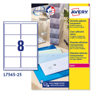 POLIESTERE ADESIVO L7565 TRASPARENTE 25FG A4 99,1X67,7MM (8ET/FG) LASER AVERY COD. L7565-25