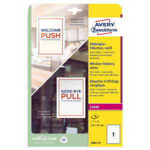 ADESIVI PER FINESTRE IN CARTA CON PELLICOLA 210X297MM 1ADESIVO/FG, LASER AVERY COD. L9001-10