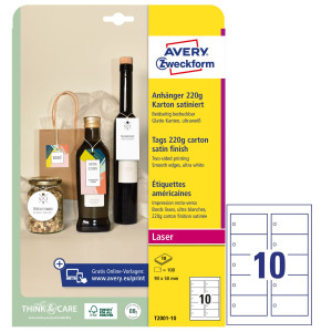 CARTELLINI STAMPABILI CON BORDI LISCI BIANCHI 90X50MM 10FG (10CART/FG) AVERY COD. T2001-10