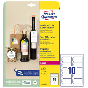 CARTELLINI STAMPABILI BORDI TAGLIATI LISCI 90X50MM 10FG(10CART/FG) BIANCO AVERY COD. T2002-10