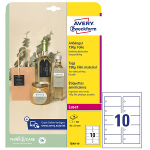 CARTELLINI STAMPABILI RESISTENTI 190MIC 90X50MM 10FG(10CART/FG) BIANCO AVERY COD. T3001-10
