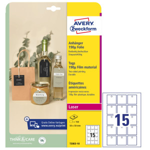 CARTELLINI STAMPABILI RESISTENTI 190MIC 50X50MM 10FG(15CART/FG) BIANCO AVERY COD. T3003-10