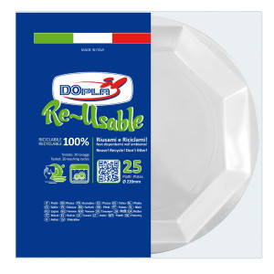 25 PIATTI FONDI D220MM IN PS REUSE BIANCO DOPLA COD. 12508