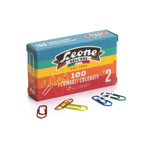 SCATOLA 100 FERMAGLI COLORATI E METALLIZZATI N.2 MM26 LEONE COLOR COD. FX10 CONFEZIONE DA 10