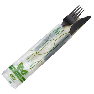 250 BIS COLTELLO E FORCHETTA IN CPLA NERO CON TOVAGLIOLO LEONE COD. Q2048.Z