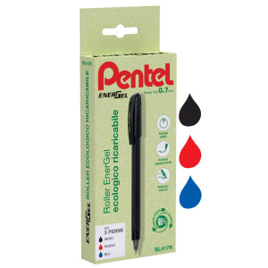 ASTUCCIO 3 ROLLER ENERGEL RECYCOLOGY 96 PUNTA 0,7MM NERO/ROSSO/BLU PENTEL COD. 0022418