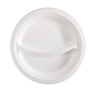 50 PIATTI A 2 SCOMPARTI MONOUSO IN CANNA DA ZUCCHERO D23CM BIANCO SIGNOR BIO COD. BPC005BIO50B