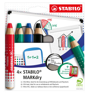 ASTUCCIO 4 MATITONI PER LAVAGNE STABILO MARKDRY + TEMPERINO + PANNO MICROFIBRA COD. 648/4