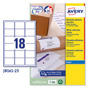 ETICHETTA ADESIVA J8161 BIANCA 25FG A4 63,5X46,6 (18ET/FG) INKJET AVERY COD. J8161-25