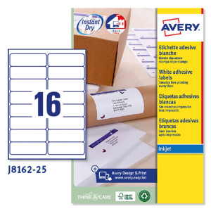 ETICHETTA ADESIVA J8162 BIANCA 25FG A4 99,1X33,9MM (16ET/FG) INKJET AVERY COD. J8162-25