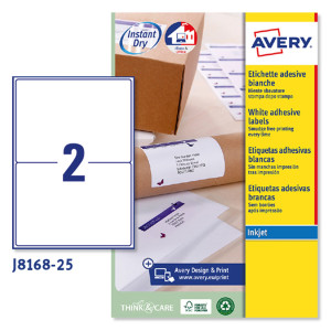 ETICHETTA ADESIVA J8168 BIANCA 25FG A4 199,6X143,5MM (2ET/FG INKJET AVERY COD. J8168-25