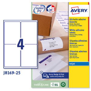 ETICHETTA ADESIVA J8169 BIANCA 25FG A4 99,1X139MM (4ET/FG) INKJET AVERY COD. J8169-25