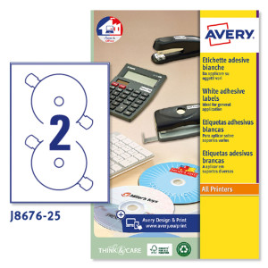 ETICHETTA ADESIVA J8676 BIANCA OPACA CD/DVD 25FG A4 D117MM (2ET/FG) INKJET COD. J8676-25